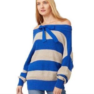 Free People Cassidy Cotton/ Linen Wide Stripe Off Shoulder Sweater Blue/…